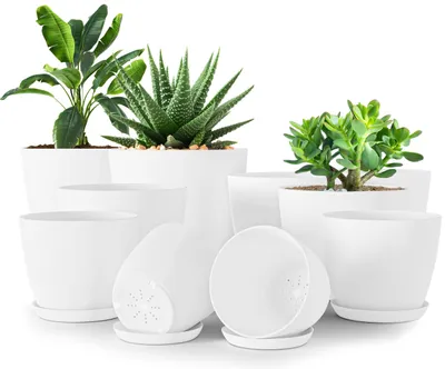 Productafbeelding van Set van 10 bloempotten 18/17/15/13/12 cm met schotel voor binnen en buiten (Wit)