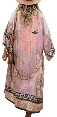 Produktbild von Solidchoice - Langer, floraler Kimono-Strandrock für Damen in Rosa- und Lilatönen