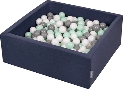 Zdjęcie produktu dla KiddyMoon suchy basen kwadratowy z piłeczkami 7cm granatowy: biały-szary-mięta 90x30cm/300piłek zabawka basen piankowy