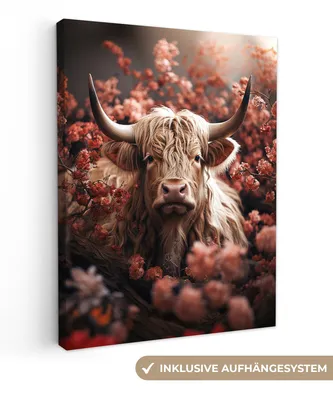 Produktbild von MuchoWow® - Leinwandbilder - Schottische Highlander - Tier - Natur - Blumen - Botanisch, Wandbild, Wanddeko Bilder Wohnzimmer, 90x120 cm
