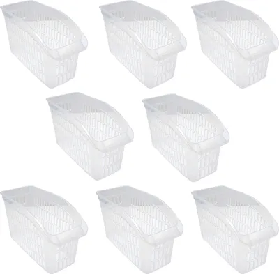 A set of eight clear plastic storage baskets arranged in a grid on a white background.