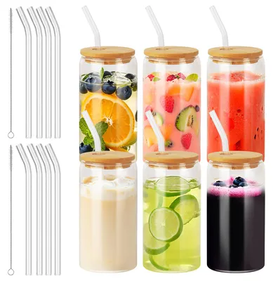 6er-Set Trinkgläser 500 ml mit Deckel & Strohhalm, Borosilikatglas