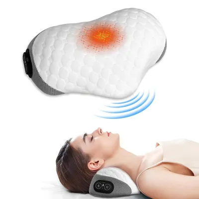 Produktbild von Nackenstützkissen aus Memory-Schaum, mit Wärme- & Vibrationsmassage, lindert Schmerzen, orthopädisch, ideal für Büro, Zuhause & Bett (weiß)