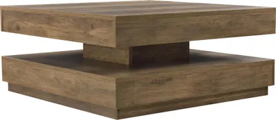 A square coffee table with a wood-like finish.
