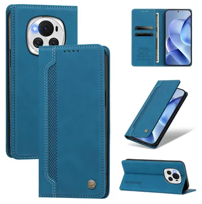 Image de Étui pour Honor Magic6, en cuir synthétique, type portefeuille rabattable, avec compartiments pour cartes et support intégré, couleur bleu