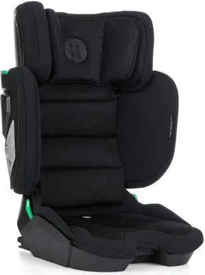 A black car seat with green accents, shown from the side against a white background.