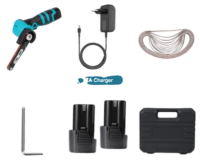 Produktbild von Elektrischer Mini-Bandschleifer, einstellbare Geschwindigkeit, kabelloser Betrieb, Blau  2 Batterien