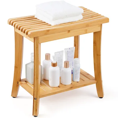 Zdjęcie produktu dla Bambusowa ławka prysznicowa VEVOR, 48,6 x 28,6 x 46,6 cm, wodoodporny stołek prysznicowy z uchwytem do przechowywania, nośność 150 kg, organizer siedziska do wanny spa,