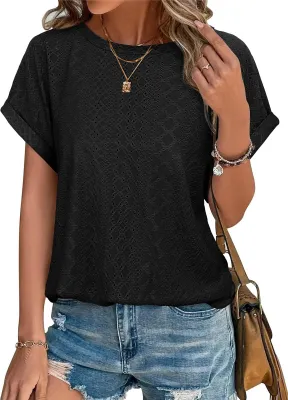 Produktbild von ASKSA Damen T-Shirt Rundhals Lochstickerei Bluse Sommer Einfarbig Kurzarm Elegant Lose Tunika Oberteile (Schwarz,XXL)