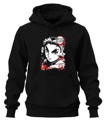 Zdjęcie produktu dla Bluza z kapturem uni z motywem z anime „Demon Slayer: Kimetsu no Yaiba” – Rengoku, kolor czarny, rozmiar 3XL