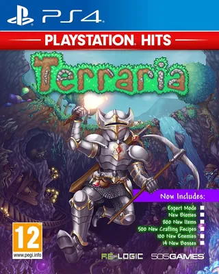 The image is a video game cover for Terraria on PS4, featuring a knight in armor in a fantasy setting.