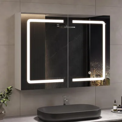Obrázek produktu pro Koupelnová zrcadlová skříňka s osvětlením 80x16x60cm zrcadlová koupelnová skříňka s LED a zásuvkou 80 cm široká dvoudveřová koupelnová skříňka se zrcadlem a policí, nástěnná skříňka, dotykový senzorový spínač, bílá barva