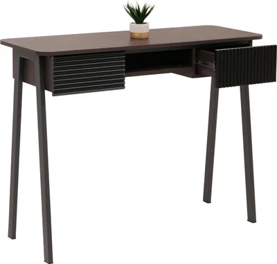 A modern console table with a plant on top, shown against a white background.