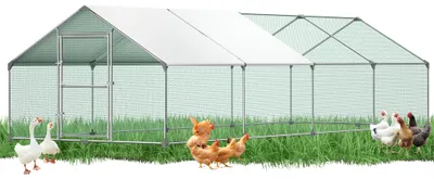 Productafbeelding van NAIZY, kippenstal van staal, 3x8x2 meter. PE-coating, UV-bescherming. Dak met afsluitbare metalen deur. Gaasomheining. Buitenren. Volière voor pluimvee. Kippenren. Konijnenren