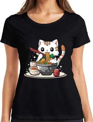 Produktbild von Kawaii Neko Katze Ramen Nudel Suppe Japan Anime Manga süß Cartoon Damen T-Shirt, Schwarz, S