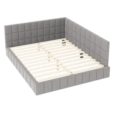Obrázek produktu pro okwish Polstrovaná postel Rozkládací pohovka 160*200cm, Dětská postel, Bez matrace, Multifunkční postel s lamelovým roštem z příjemného sametového materiálu, Šedá