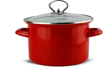 A red pot with a glass lid on a white background.