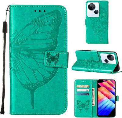 Produktbild von Lederhülle für Tecno Spark 10 5G Schmetterling Prägung Flip Ledertasche Kartenfächer Handyhülle mit Ständer Grün