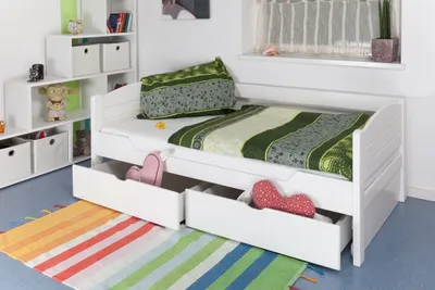 Produktbild von Einzelbett / Funktionsbett "Easy Premium Line" K1/s Voll inkl 2 Schubladen und 2 Abdeckblenden, 90 x 200 cm Buche Vollholz massiv weiß lackiert