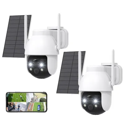 Produktbild von 2 Stücke 2K 3MP Überwachungskamera Aussen Solar 360° PTZ Überwachungskamera Aussen Akku WLAN Kamera mit PIR Bewegungsmelder Farb-Nachtsicht