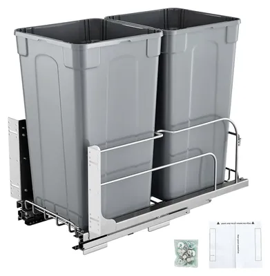 Imagen del producto de Contenedor de basura extraíble VEVOR (27 litros x 2), doble contenedor de basura para debajo del fregadero de la cocina, cubo de basura con kit de puerta y sistema de deslizamiento con cierre suave, para armario de cocina, debajo del mostrador (gris)