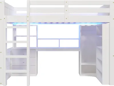 Produktbild von Hochbett,140x200cm, Mit LED-Leuchten,Kleiderschrank, Schreibtisch, Schubladen, Staufächer, Ohne Matratze, Weiß