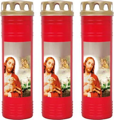 Image de Bougie funéraire - Lot de 3 - Rouge 170h ( couvercle doré ) - Jésus avec l'agneau