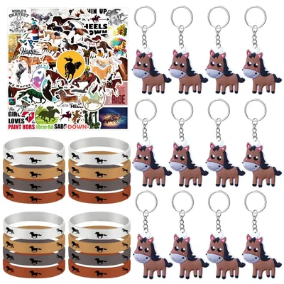 Produktbild von Partyset Pferde Gastgeschenke Kindergeburtstag - 74 Stück - Armbänder Schlüsselanhänger Sticker - Für Jungen