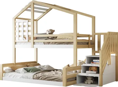Produktbild von Merax Etagenbett 90x200 oben, 140x200 unten, Stockbett mit Fenster, Lagerleiter, Geländer, Kiefernholz Kinderbett, Jugendbett, Hochbett, Natur+Weiß