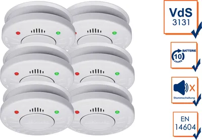 A set of six smoke detectors arranged in two columns and three rows, with accompanying marketing icons on the right.