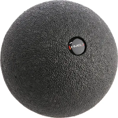 A black massage ball with a logo on it, isolated on a white background.