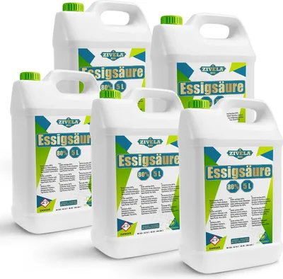 Produktbild von 25L Essigsäure 80%  | 5x5L Essigessenz 80 prozent Lebensmittelqualität 25 kg | Hochreiner Essig für Vielseitige Anwendungen | Perfekt für Hausgebrauch Industrie Gartenbau Reinigung