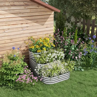 Produktbild von Hochbeet Blumentreppe 3 Stufen, Pflanzkasten dreistufig, Blumenständer outdoor verzinktes Blech, Silber | 158 x 109 x 82 cm | 19 kg | wetterfest