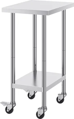 Obrázok produktu pre SucceBuy 24x18x38 palcový pracovný stôl z nerezovej ocele, robustný pracovný stôl so 4 kolieskami a nastaviteľnou výškou, komerčný pracovný stôl pre reštaurácie, strieborný