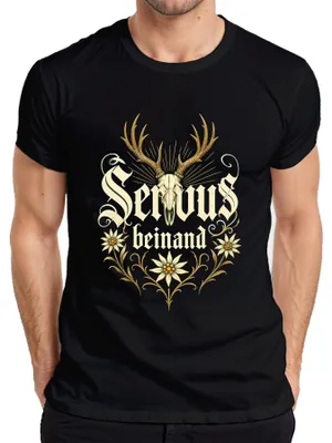 Zdjęcie produktu dla "Servus", motyw jelenia, Edelweiss, bawarska odzież (skórzane spodnie i sukienka), męska koszulka, czarna, rozmiar M