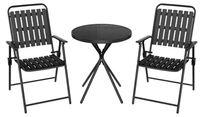 Image de Ensemble de mobilier de balcon : table ronde avec 2 chaises pliantes, structure en métal, résistant aux intempéries, pour 2 personnes. Dimensions de la table : 60 x 70 cm. Couleur : noir