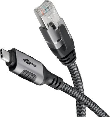 Produktbild von Ethernet-Kabel USB-C 3.2 Gen2 Stecker > RJ-45 Stecker (schwarz/silber, 2 Meter, geflochtener Textilmantel)
