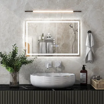 Produktbild von Lustro łazienkowe LED z wyświetlaczem czasu i temperatury, lustro ścienne ściemniane (3000K-6000K) z przełącznikiem dotykowym, przeciwmgielne, funkcja pamięci, 75 x 50 cm