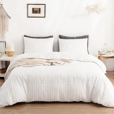 Obrázok produktu pre Predpraná, obojstranná, 4-dielna, biela, pruhovaná súprava posteľnej bielizne v štýle boho, s všívaným lemovaním, 135 x 200 cm, s obliečkou na vankúš a zipsom.