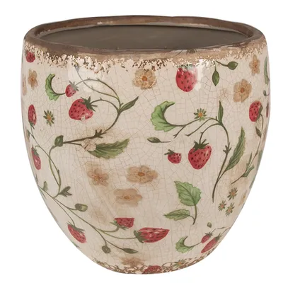 Zdjęcie produktu dla Clayre & Eef Doniczka Ø 18x18 cm Beżowo-czerwone ceramiczne truskawki