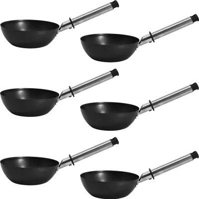 Six black woks with silver handles are arranged in three rows of two against a white background.