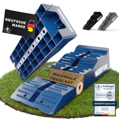 Produktbild von Werkthor Nivellierkeile für Wohnmobil, Wohnwagen & Anhänger, 2er Set, unter 5 Tonnen, für entspanntes Schlafen, sicheres Kochen & komfortables Duschen