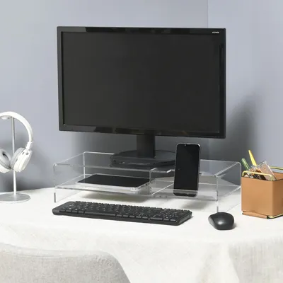 Produktbild von SUGIFT Monitorständer mit Tastaturfach, Acryl transparent, 2 Etagen, Bildschirmerhöhung | 50,8 x 19 x 12 cm | bis 24 Zoll | 5 mm Acryl