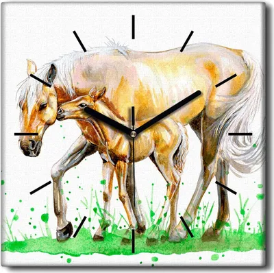Produktbild von Coloray Uhr auf Leinwand 30x30 cm Wand Uhr Dekoration Wohnzimmer Segeltuch schwarze Hände -Aquarelle Pferdegras.