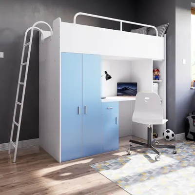 Produktbild von Marlux-Meble Hochbett Kinderbett JSM-4 80x190 mit Kleiderschrank Schreibtisch und Leiter Matt Kinderbetten Funktionsbett Etagenbett Stockbett Kinderhochbett Jugendhochbett (Hellblau Matt)