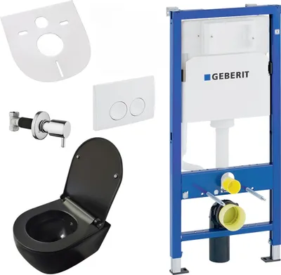 Produktbild von Belvit Wand WC Set spülrandlos Schwarz matt mit Taharet Bidet, Softclose Sitz und Geberit UP100 Vorwandelement Keramik