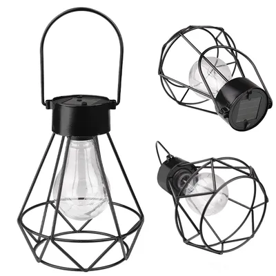A collage of three images showing a black solar garden lantern with a diamond-shaped metal cage and a visible light bulb.