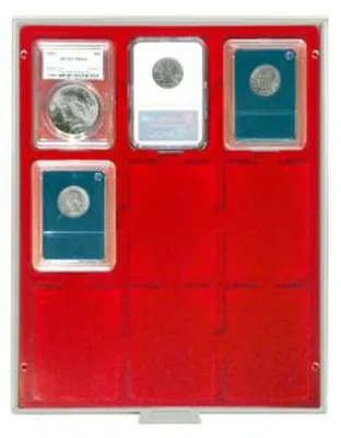 Produktbild von Lindner 2219 Münzbox-Grau / rote Einlage für 9 US-Münzkapseln (Slabs)