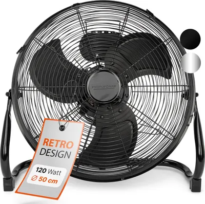 A black floor fan is shown against a white background. A tag is attached to the fan with product information.