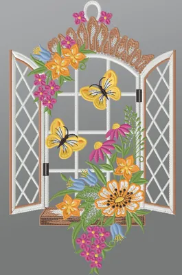 Produktbild von Fensterbild aus Plauener Spitze - Frühlingsblick  (BxH) 19cm x 32cm, mehrfarbig, Fensterdekoration und Fensterschmuck